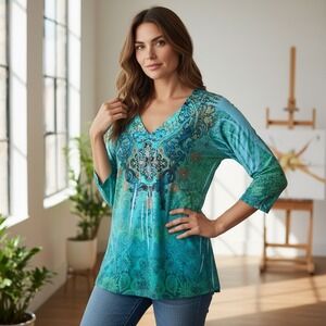 Style & Co. Peasant Blouse‎ Satin Pintuck Detail Embroidery Teal Blue Size 1X